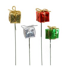 Assorted 1 Inch Gift Box Pick - Red, Silver, Gold, Green (Lot of 1 Bag -  24 Picks/Bag) SALE ITEM